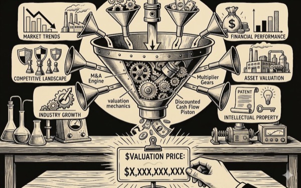 Business valuation machine illustration showing how market trends, financial performance, and assets determine valuation price